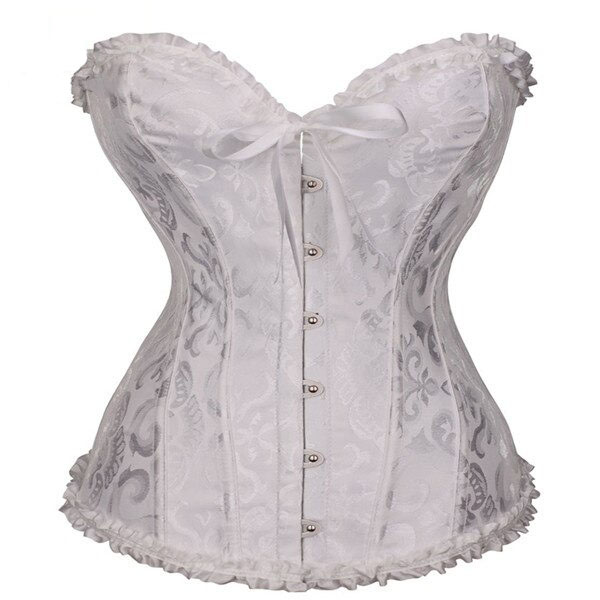 Elegant white floral corset with ribbon ties and ruffle trim, perfect for creating a stunning hourglass shape.