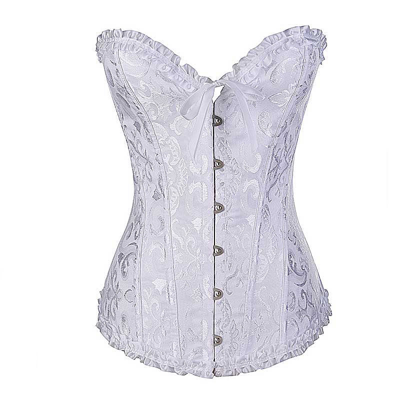 Lace-up white floral corset with ruffle trim and front closure, perfect for a gothic plus size outfit.
