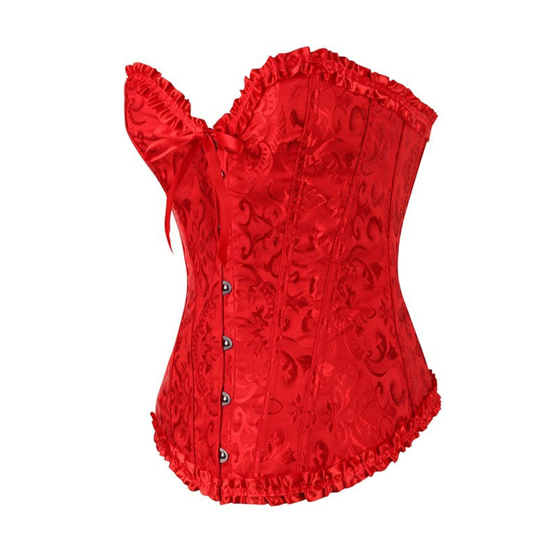 Red lace-up gothic corset with floral pattern and ruffled edges for plus-size women.