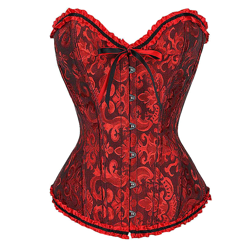 Plus size red lace-up gothic corset with floral design, ruffled edges, and fitted waist for a stylish and comfortable silhouette.