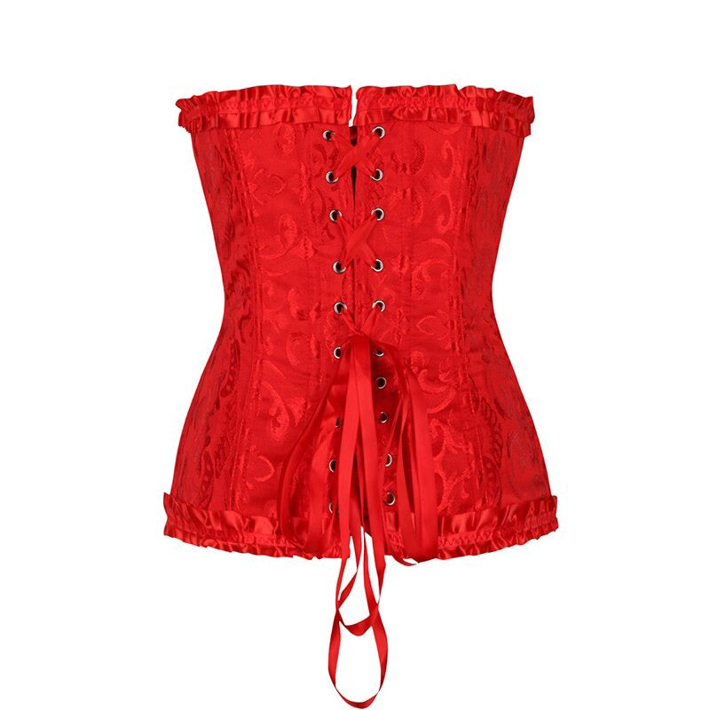 Red lace-up gothic corset with floral pattern, perfect for plus size women, featuring ruffled trim and waist decor.