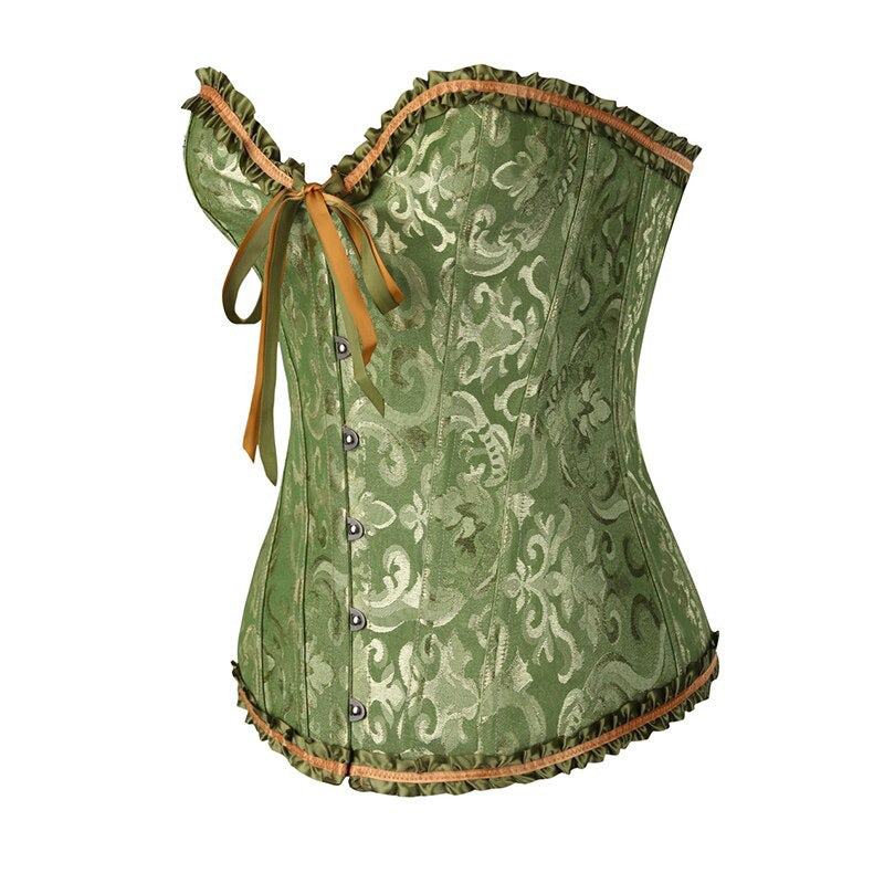 Lace-Up Gothic Corset in green with floral pattern, perfect for plus size women, featuring decorative trim and flattering fit.