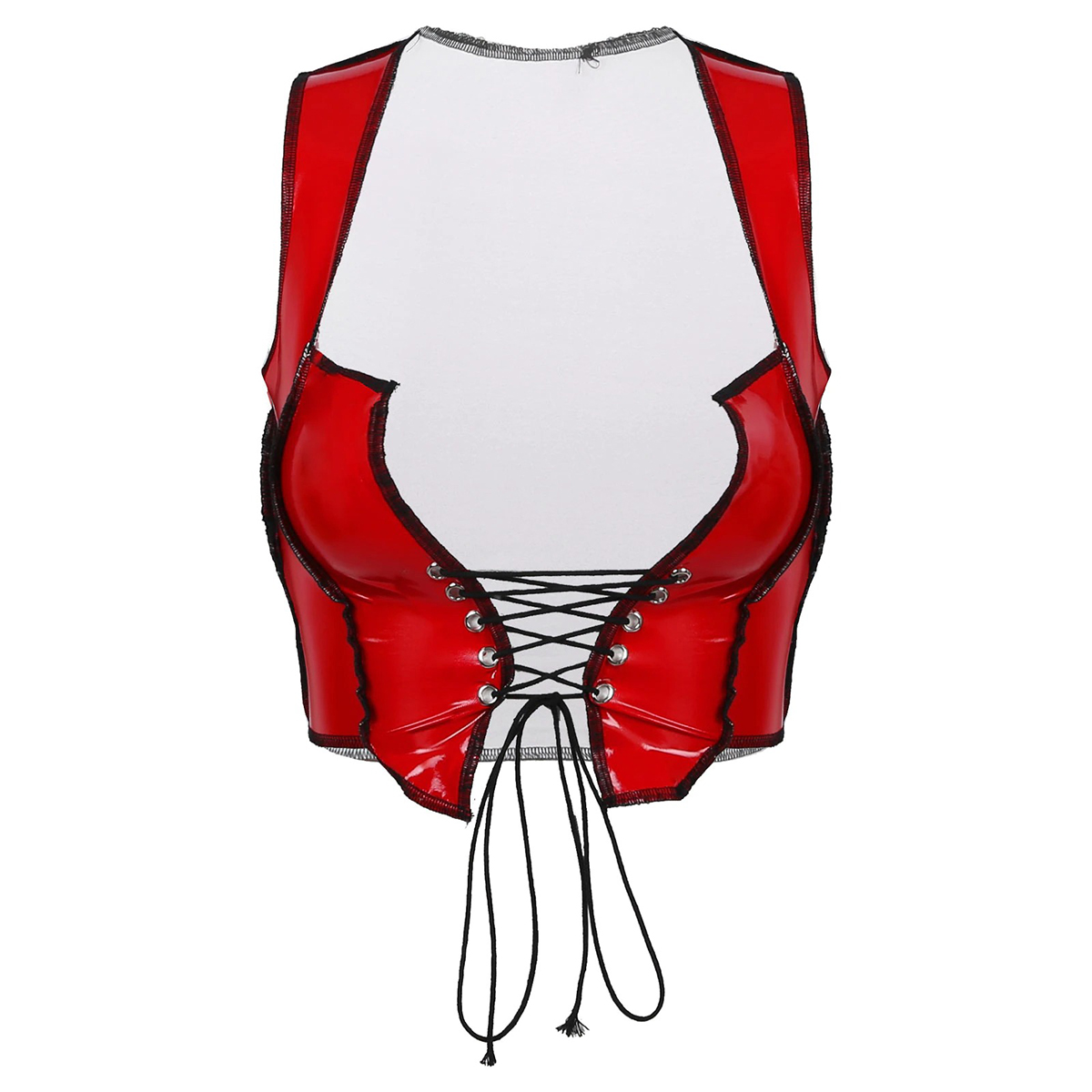 Shiny red lace-up women's cropped tank top with deep neckline and sleeveless design, perfect for a bold style.