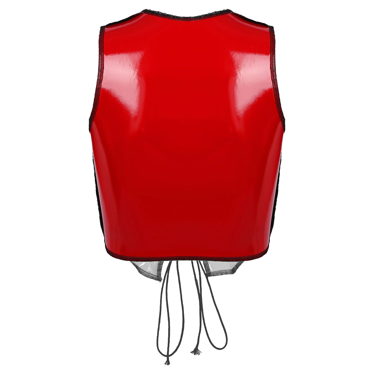 Back view of shiny red lace-up cropped tank top for women with deep neckline and adjustable ties.