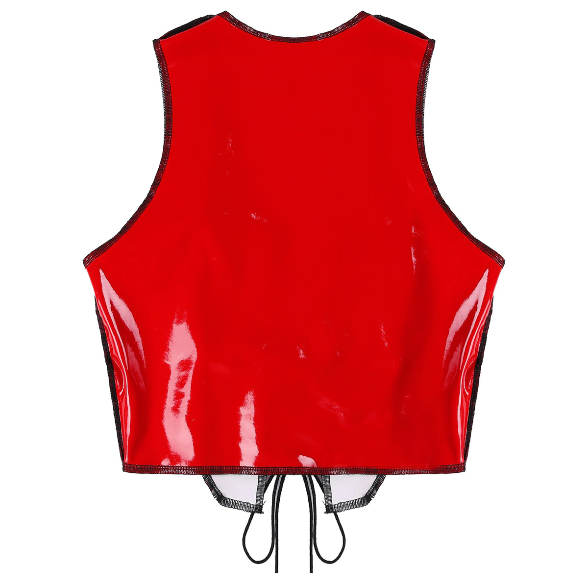 Back view of a shiny red lace-up women's cropped tank top with a deep square neckline.