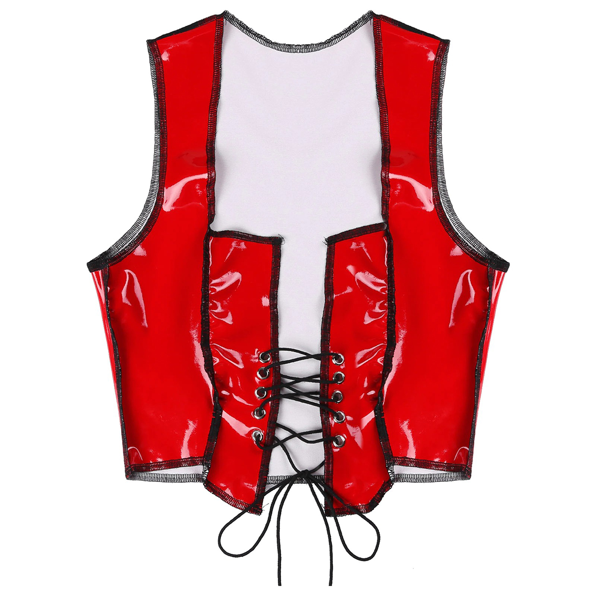 Lace-Up Shiny Women's Cropped Tank Top in red with deep square neckline and stylish lacing detail, perfect for a rock-inspired look.