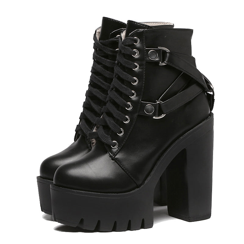 Lace-up Soft PU Leather Platform Boots for Women / Rave Outfits Shoes - HARD'N'HEAVY