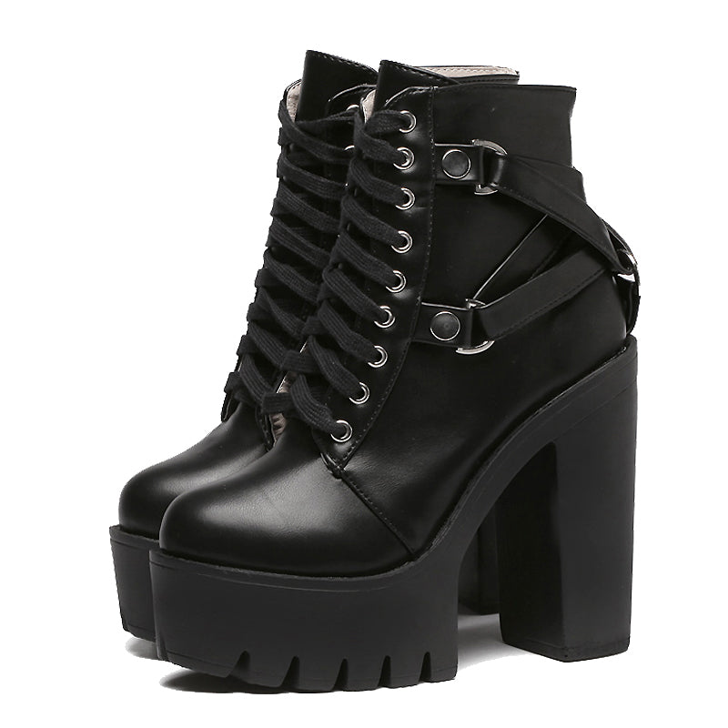 Stylish black lace-up PU leather platform boots for women with high heels and decorative straps.