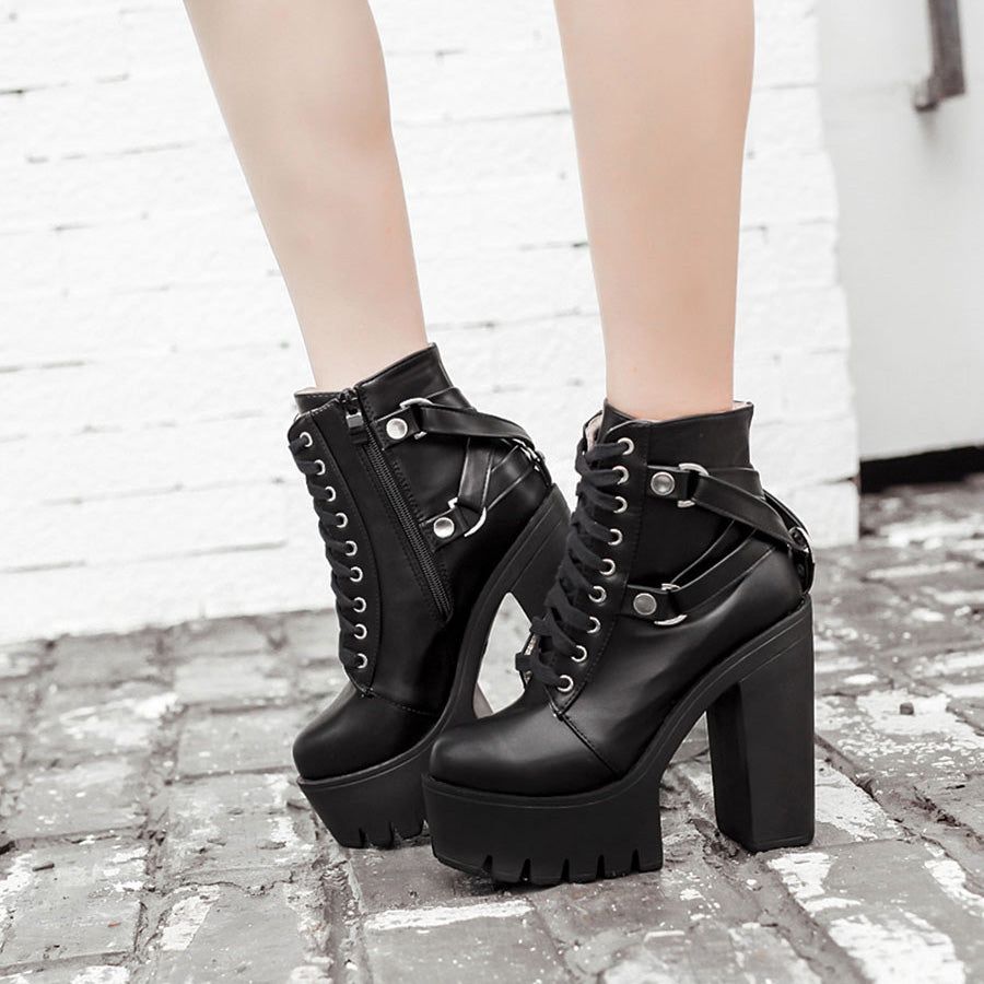 Lace-up Soft PU Leather Platform Boots for Women / Rave Outfits Shoes - HARD'N'HEAVY