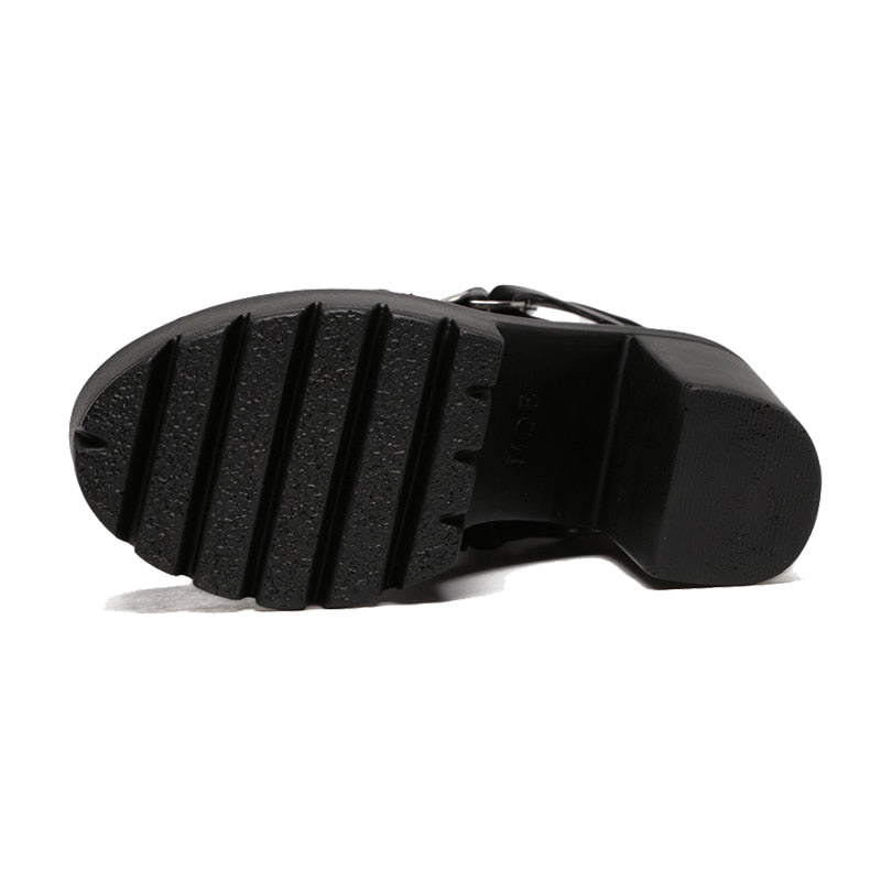 Bottom view of black PU leather platform boots featuring a rubber sole with ridges for traction.