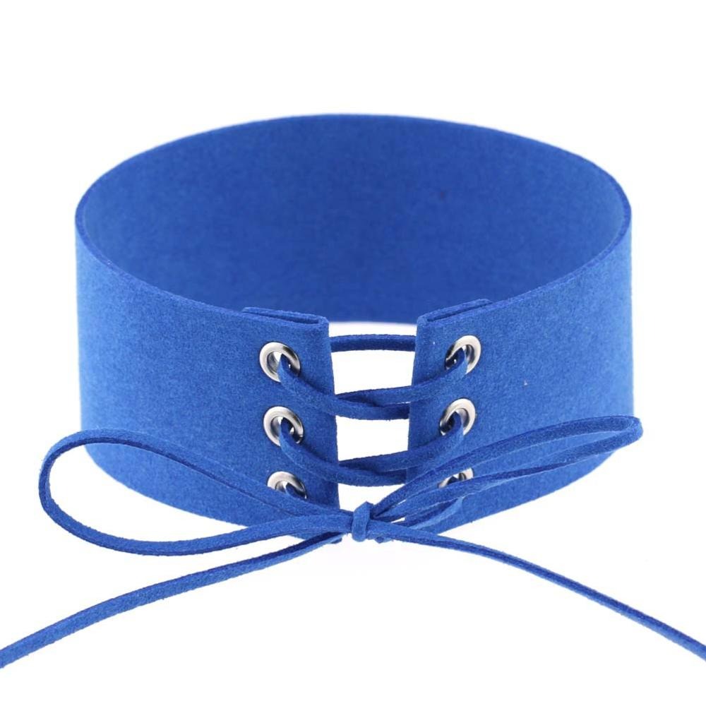 Blue lace-up velvet choker necklace with chunky design, fashionable accessory for any outfit in trendy gothic style.