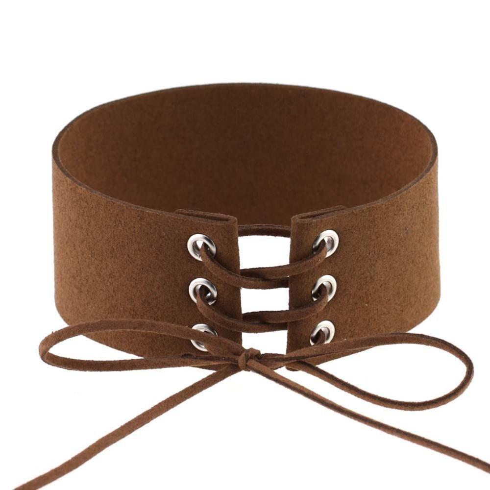 Brown lace-up velvet choker necklace showcasing a chunky design and stylish closure, perfect for gothic fashion lovers.