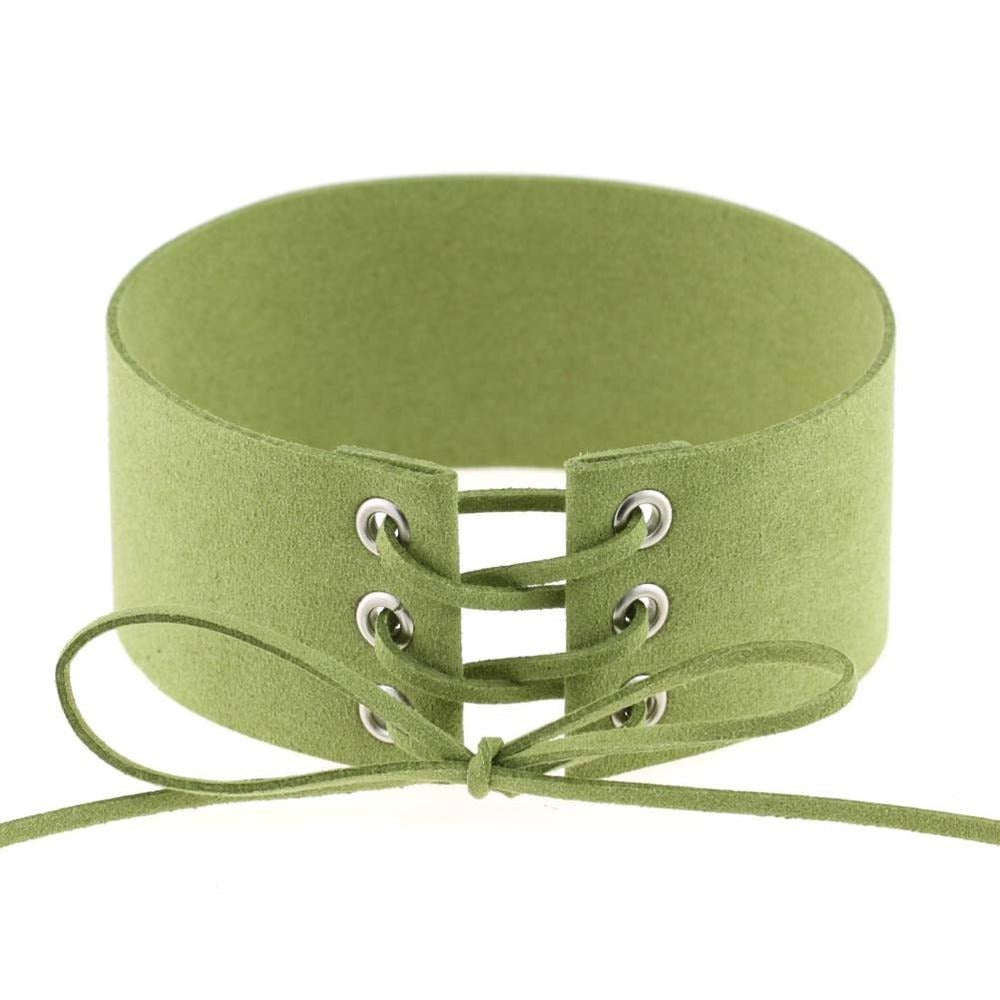 Lace-up velvet choker in green, featuring chunky design and silver grommets for trendy neck jewelry.