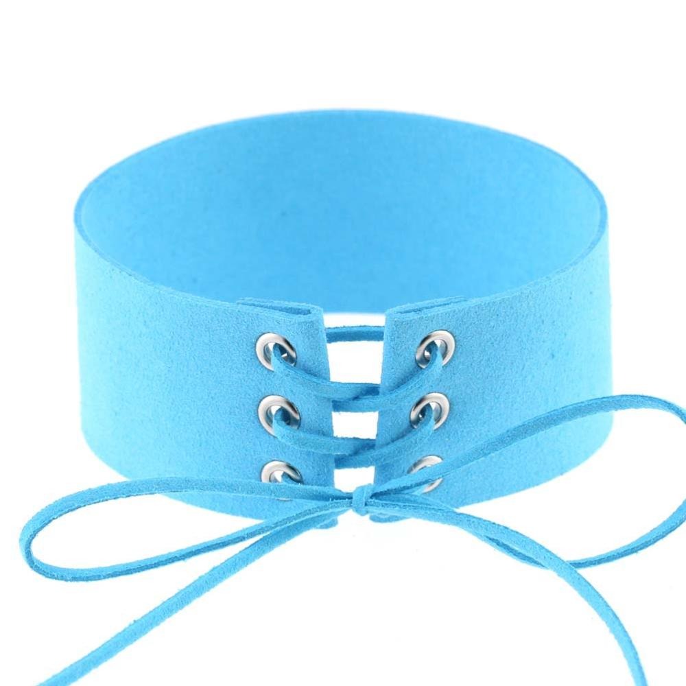 Blue lace-up velvet choker necklace with a chunky design, trendy neck jewelry in vibrant color.