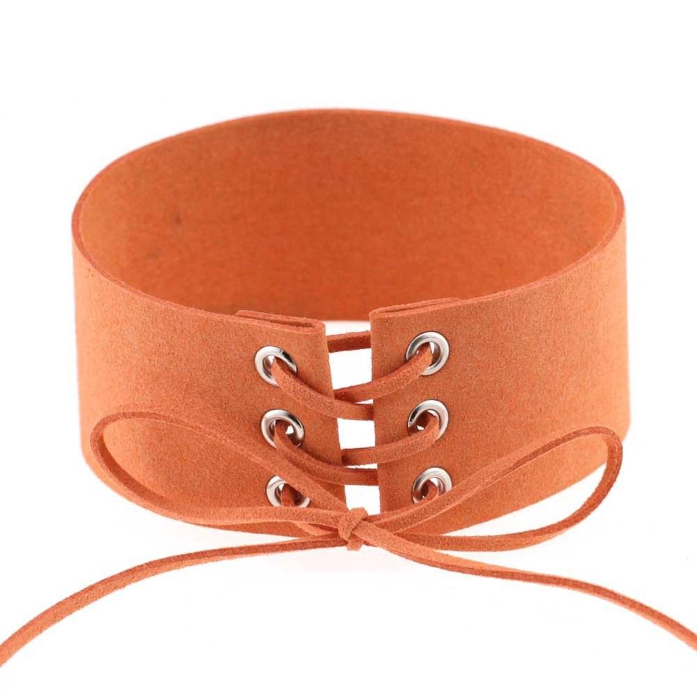 Orange lace-up velvet choker necklace, a trendy accessory for any outfit, showcasing chunky gothic style.