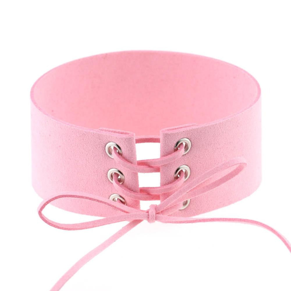 Lace-up pink velvet choker necklace with chunky design, perfect trendy accessory in 11 colors.