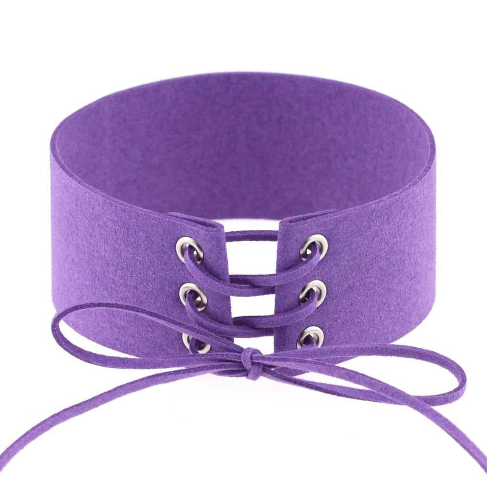 Purple lace-up velvet choker necklace, trendy chunky accessory for style lovers, perfect for any outfit.
