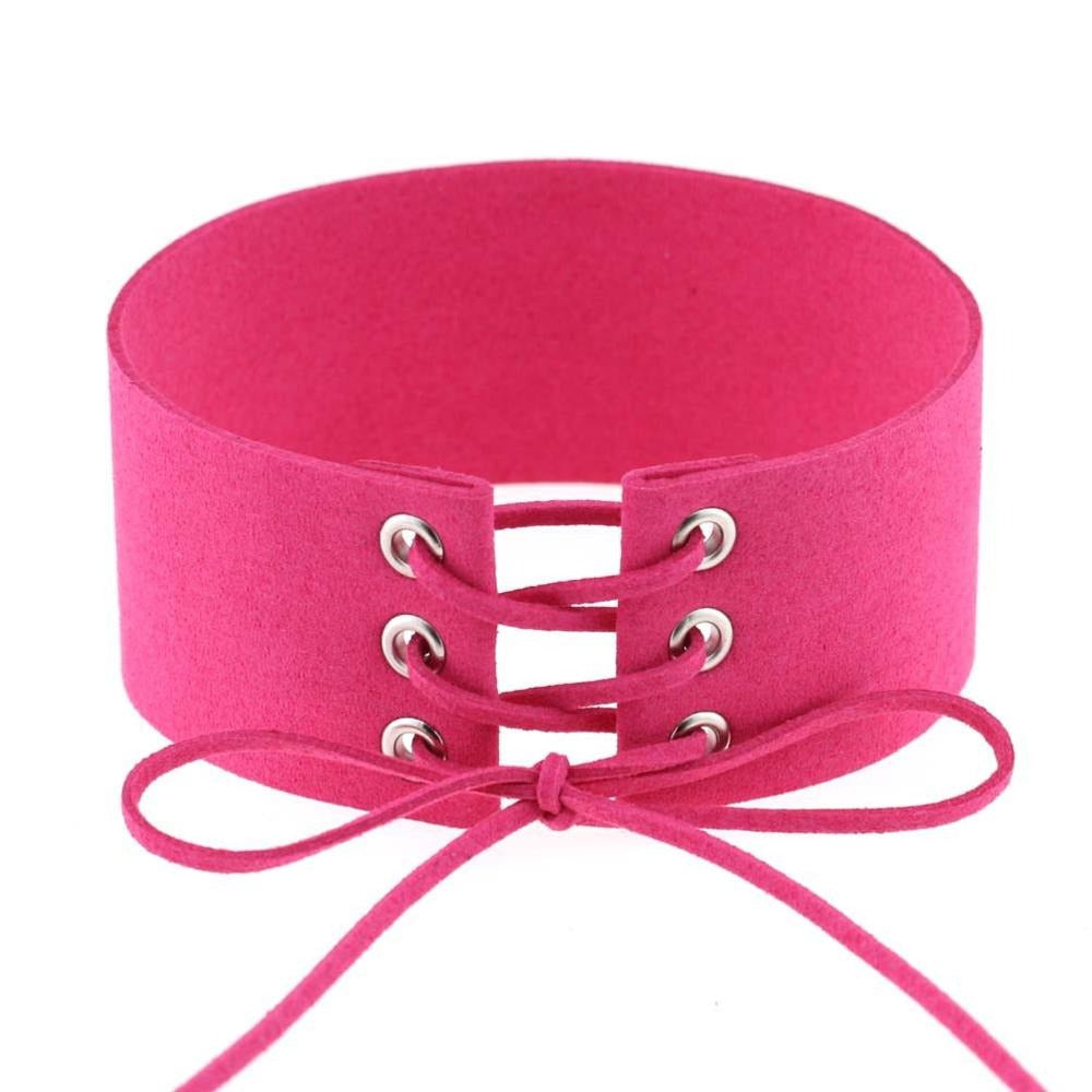 Hot pink lace-up velvet choker necklace with chunky design and bow tie detailing, trendy neck jewelry.
