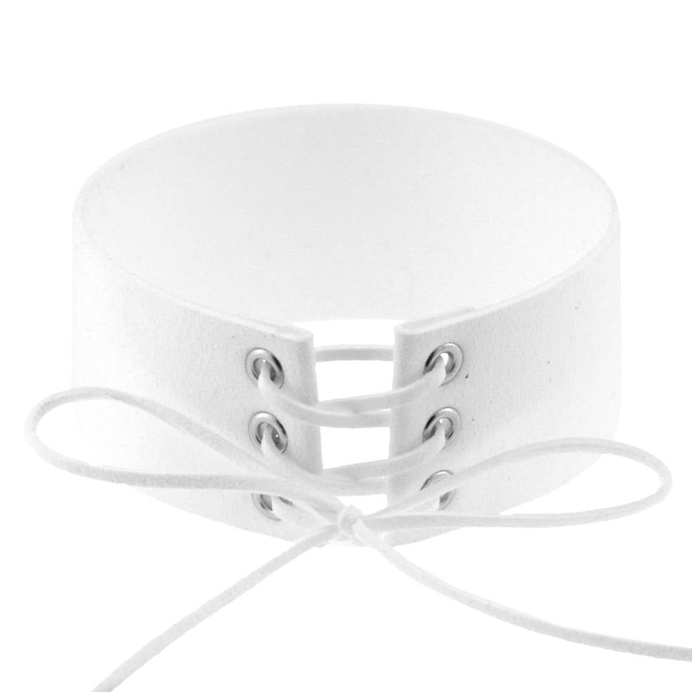 Chunky white lace-up velvet choker necklace, trendy accessory for any outfit, featuring a stylish closure.