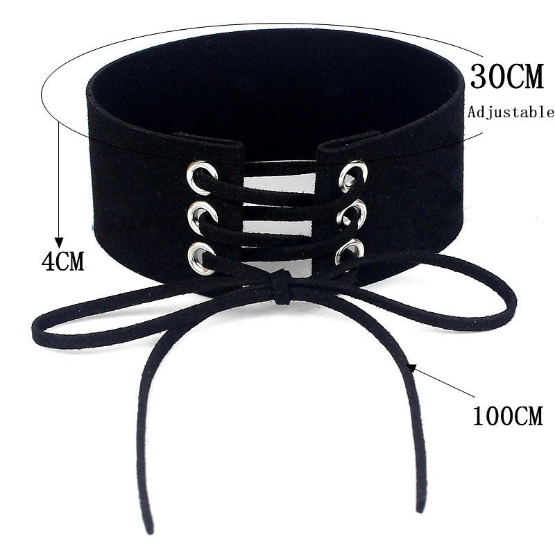 Black lace-up velvet choker necklace with adjustable closure, stylish chunky neck jewelry in a trendy design.