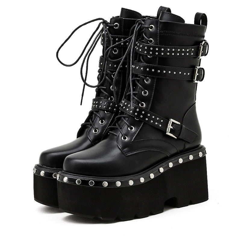 Ladies Ankle Boots In Gothic Style / High Heels Shoes With Platform And Round Toe - HARD'N'HEAVY