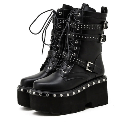 Damen Stiefeletten im Gothic-Stil / High Heels Schuhe mit Plateau und runder Spitze 