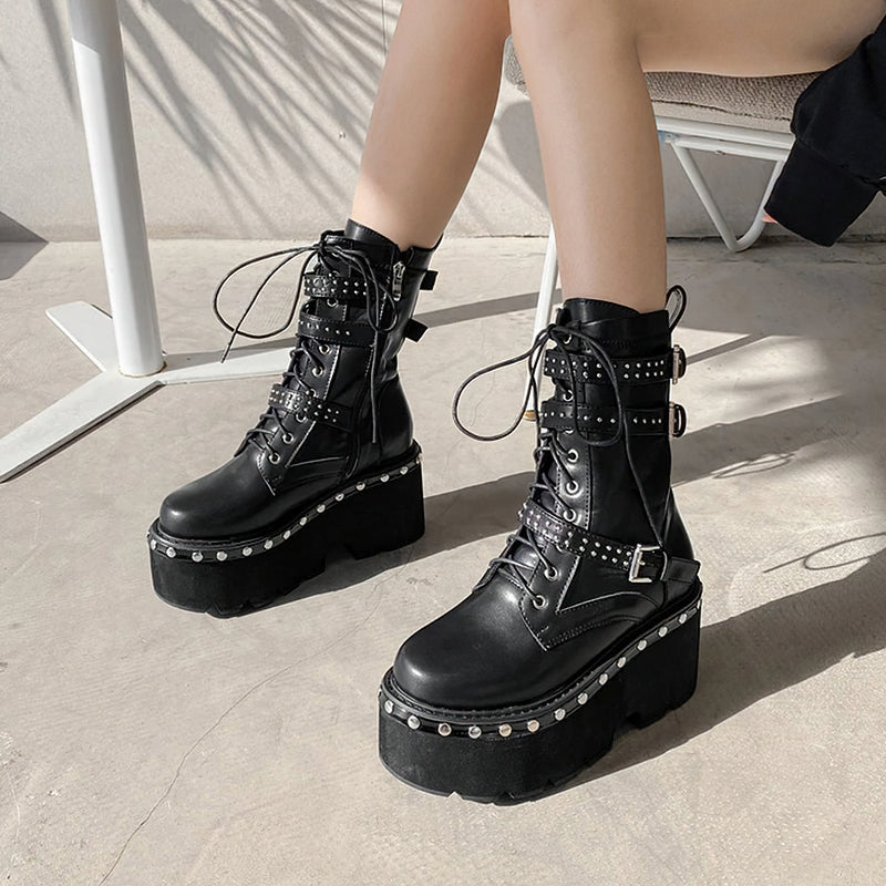 Ladies gothic ankle boots with chunky platform, laces, and buckles for a stylish punk look.