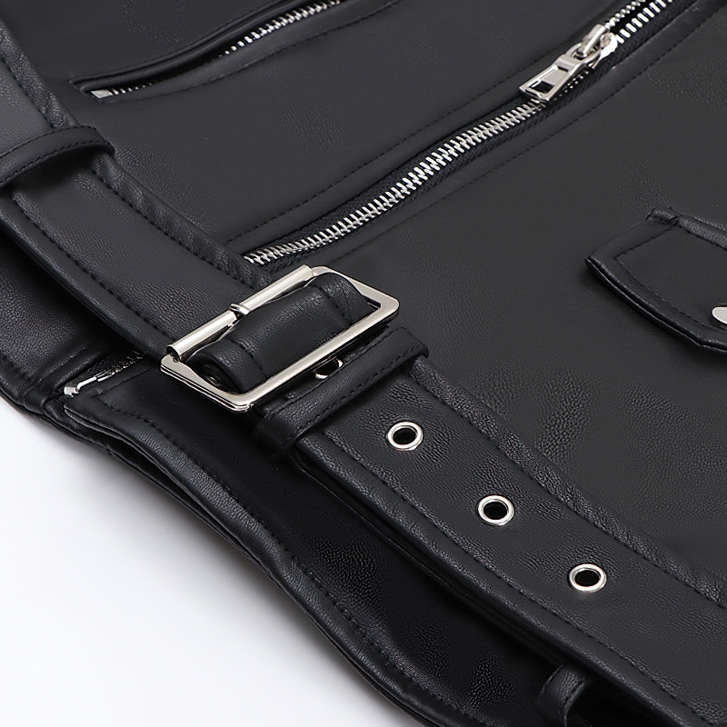 Close-up of stylish black PU leather jacket showing silver zippers and buckle detail, perfect for a rock-inspired look.