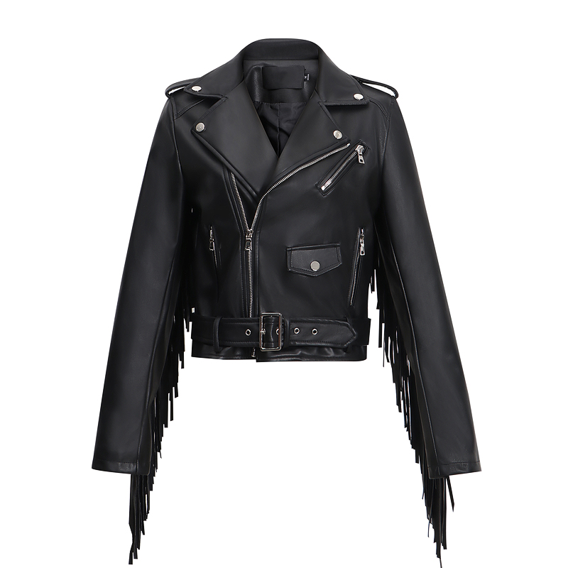 Ladies Biker Short PU Leather Thin Jacket / Rock Style Cropped Black Jacket with Belt - HARD'N'HEAVY