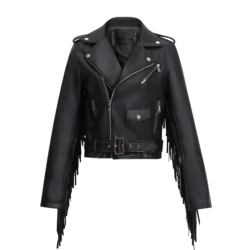 Stylish ladies biker jacket in black PU leather with fringe and silver fittings for a rock-style look.