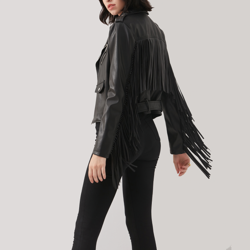 Stylish women’s cropped black PU leather jacket with fringe and silver fittings, perfect for a rock-style outfit.