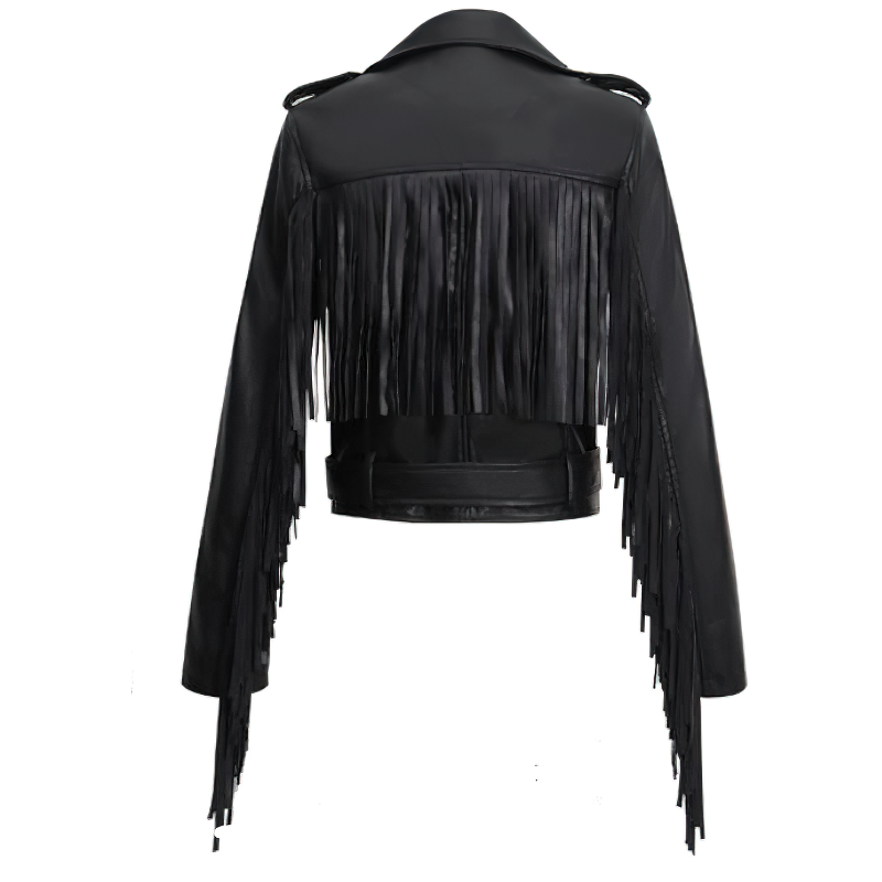 Back view of a black cropped leather biker jacket with fringe and stylish silver fittings, perfect for a rock-style outfit.