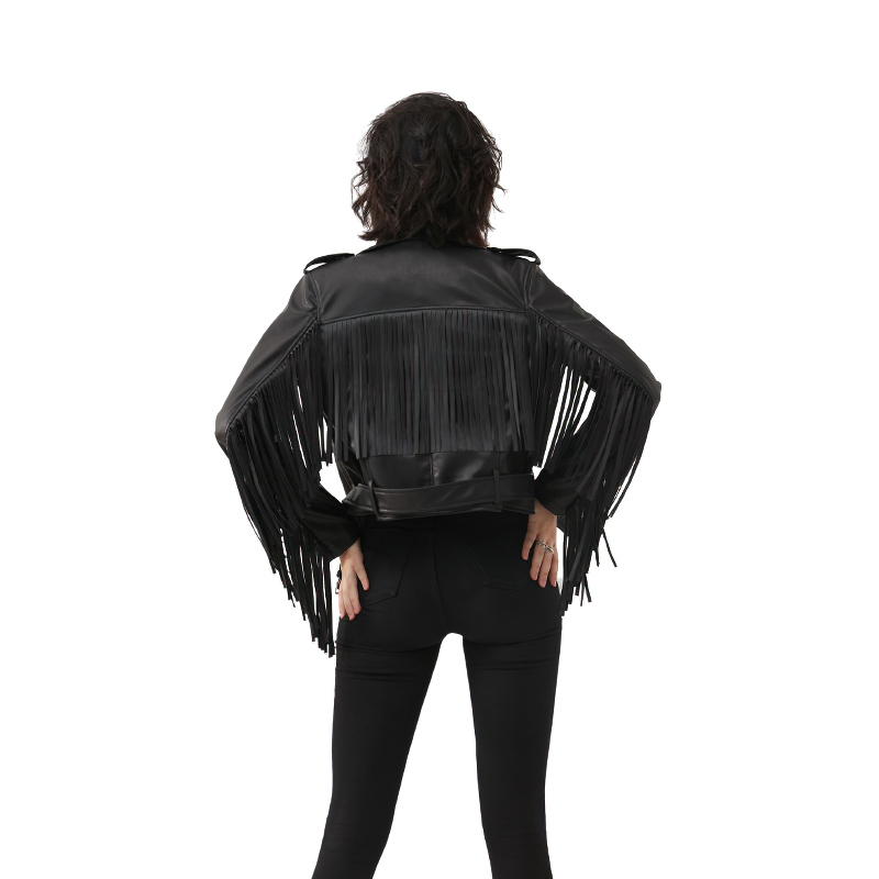 Back view of a ladies rock-style cropped black PU leather jacket with fringe, perfect for edgy outfits.