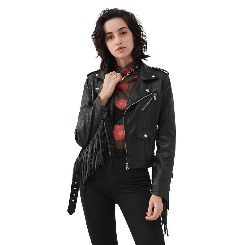 Stylish women's black PU leather biker jacket with fringe and silver fittings, perfect for a rock-inspired outfit.