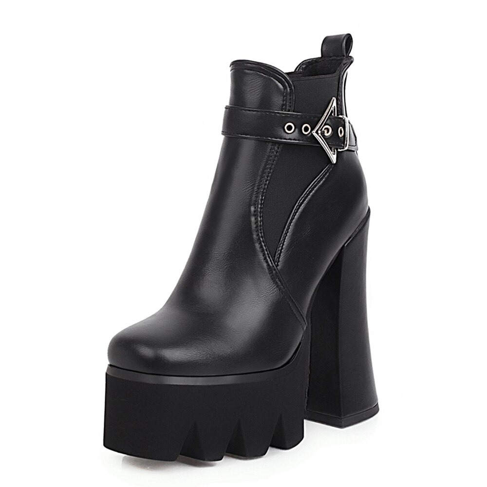 Ladies Block High Heels Ankle Boots / Women's PU Leather Platform Shoes - HARD'N'HEAVY
