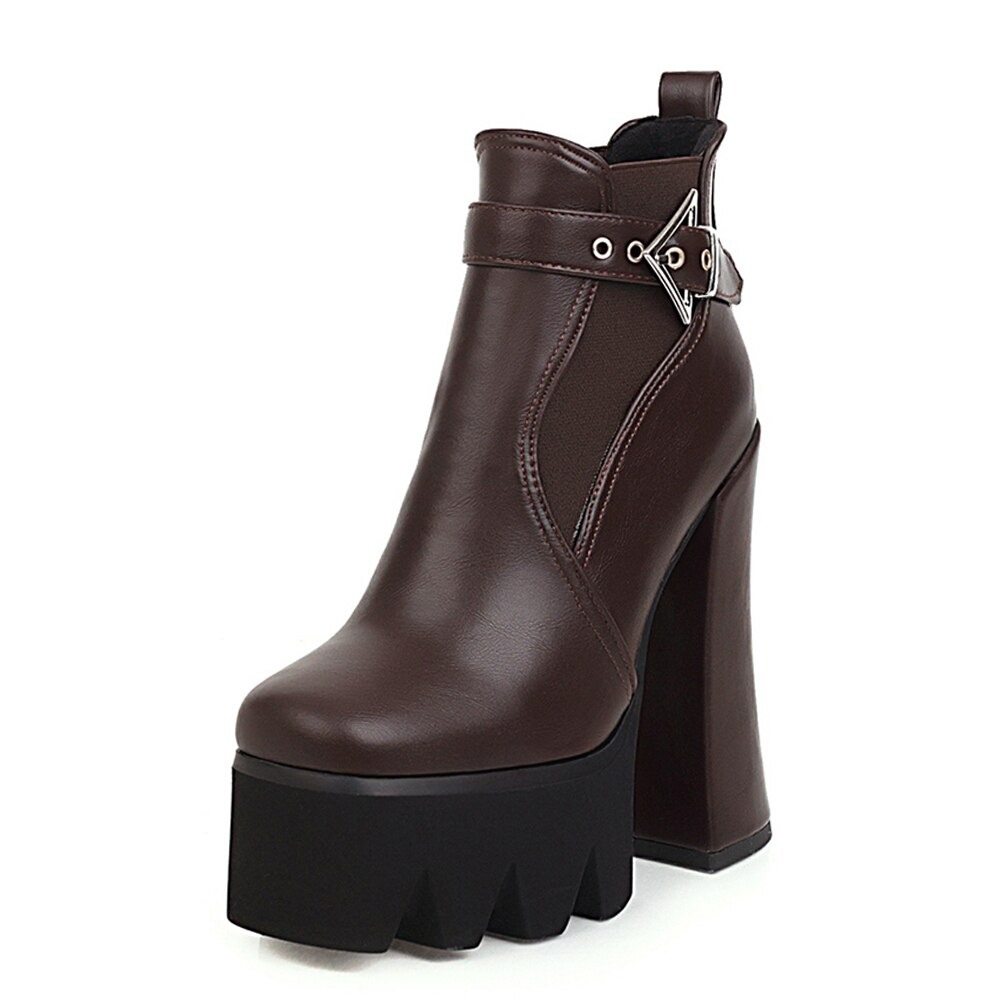 Ladies Block High Heels Ankle Boots / Women's PU Leather Platform Shoes - HARD'N'HEAVY