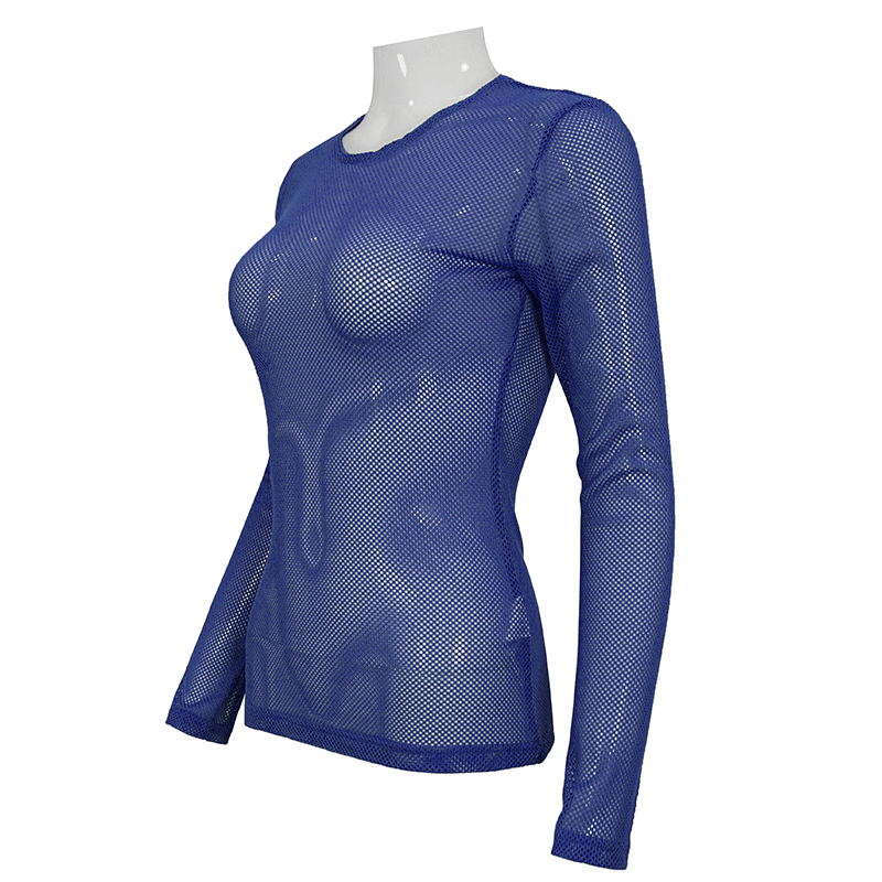 Ladies Blue Soft Stretchy Transparent Top / Stylish Fluorescent Long Sleeve Mesh Tops for Women - HARD'N'HEAVY