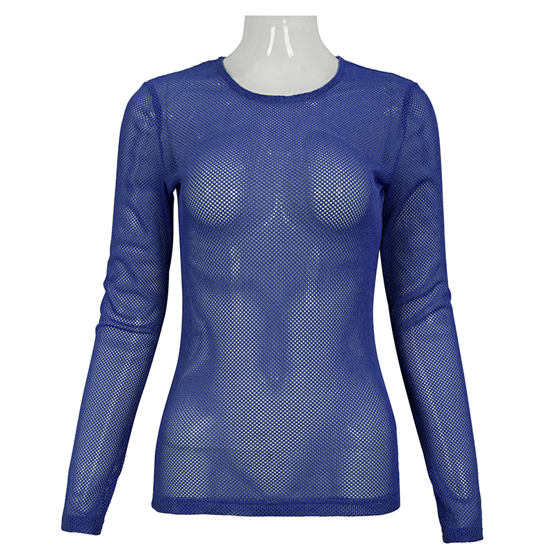 Ladies Blue Soft Stretchy Transparent Top / Stylish Fluorescent Long Sleeve Mesh Tops for Women - HARD'N'HEAVY