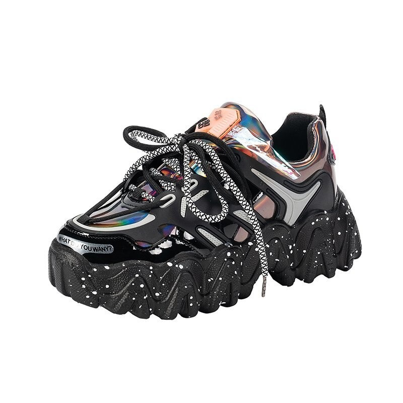 Ladies casual black sneakers with glossy and matte finish, stylish thick platform, and colorful lace-up design.