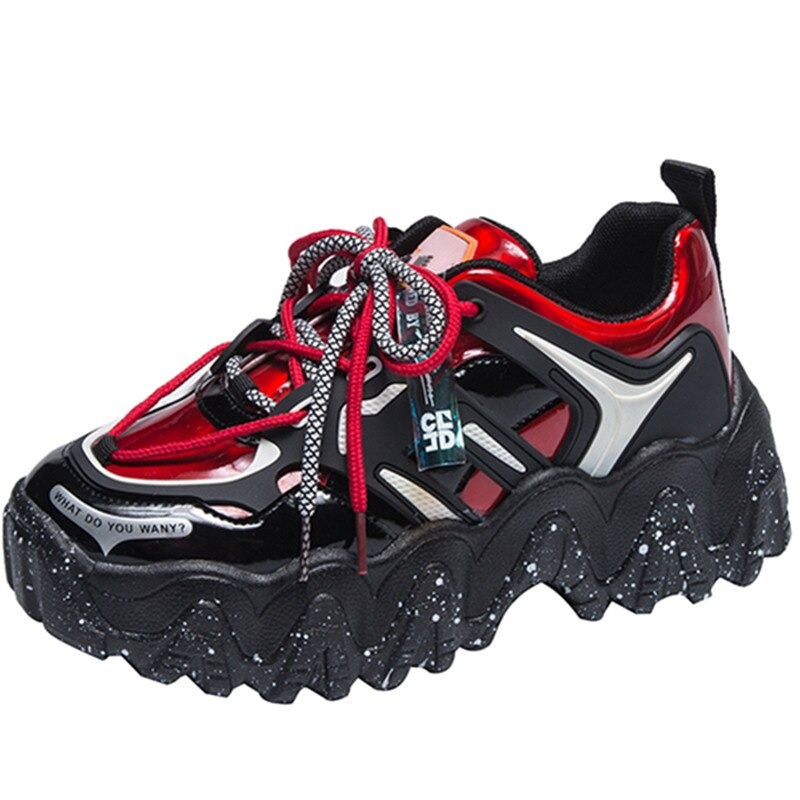 Ladies trendy red and black lace-up sneakers with thick platform outsole and stylish design details.