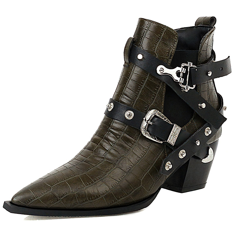 Ladies chunky high-heel ankle boots with pointed toe, buckles, and rivets in stylish crocodile print.