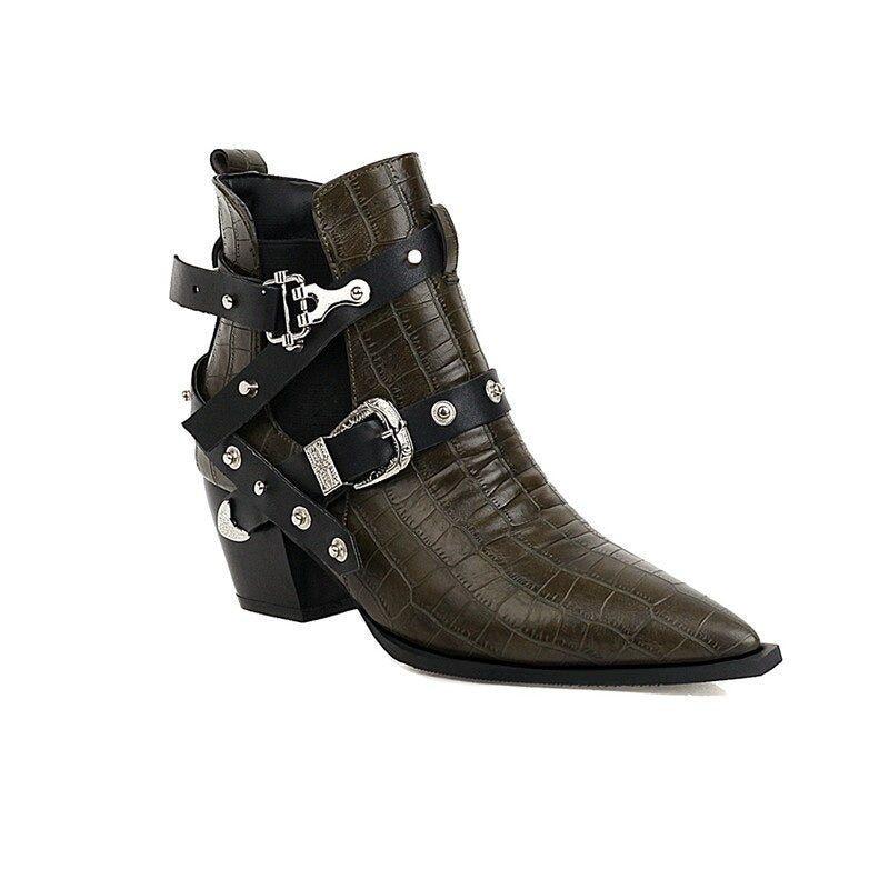 Ladies chunky high-heel ankle boots with pointed toe, buckles and rivets for stylish looks.