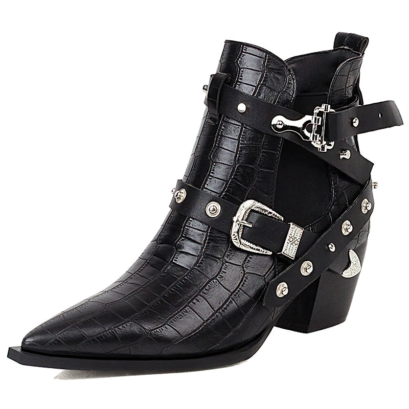 Ladies chunky high-heel ankle boots with pointed toe, buckles, and rivets in black crocodile print.