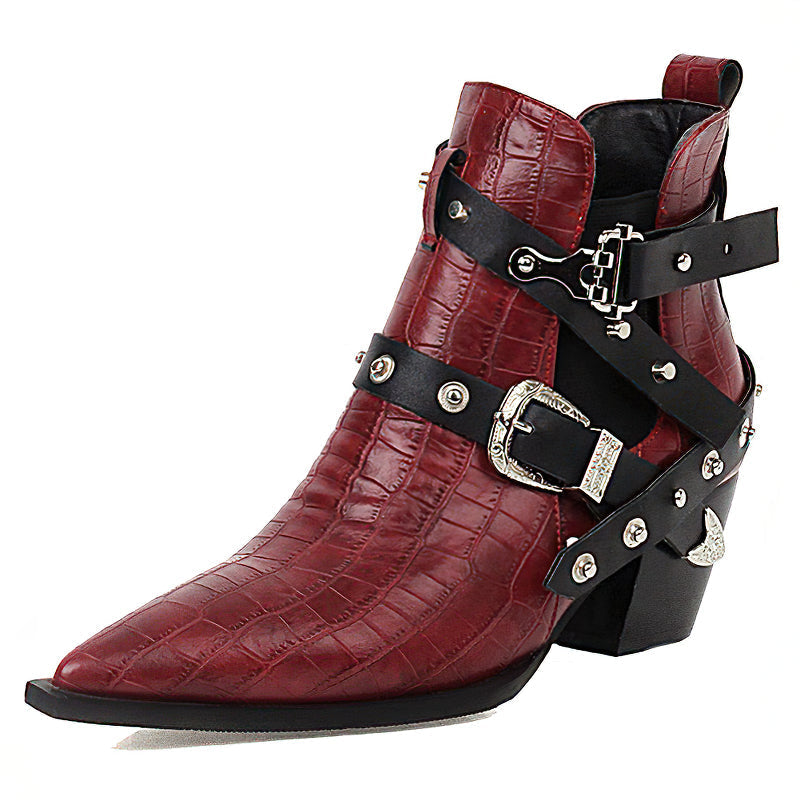Ladies chunky high-heel ankle boots with pointed toe, buckles, and rivets for trendy cosplay outfits.