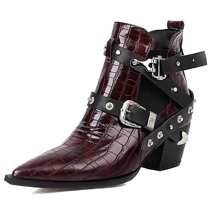 Ladies chunky high-heel ankle boots in burgundy with pointed toe, buckles, and rivets, perfect for trendy outfits.
