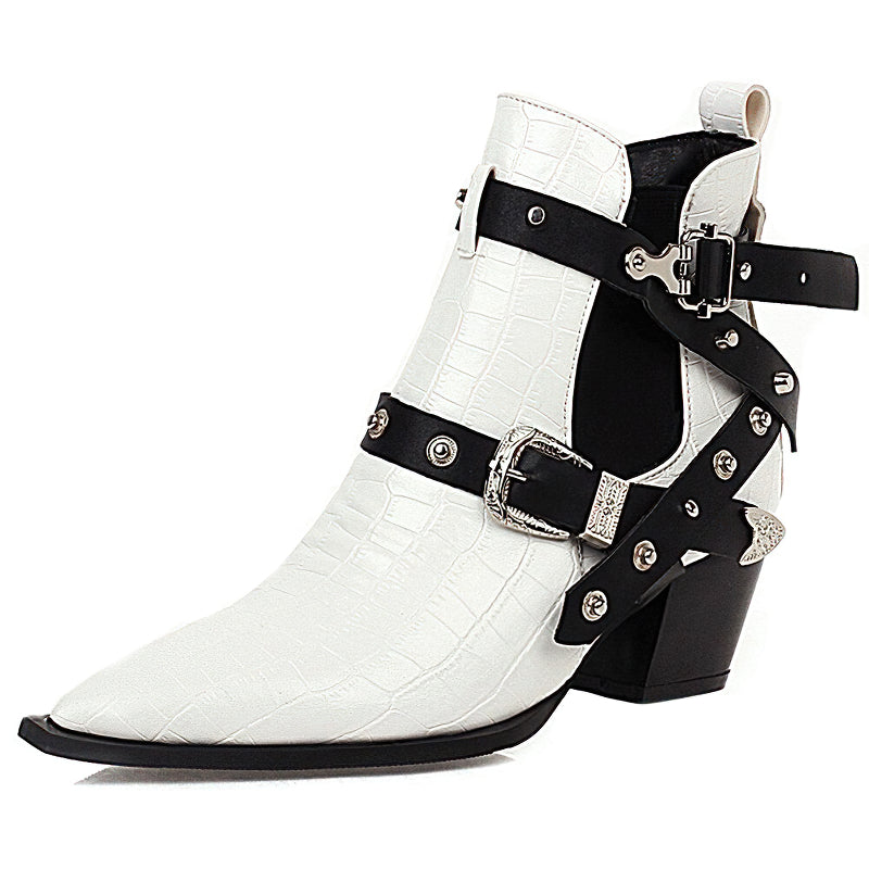 Stylish white chunky high-heel ankle boots with pointed toe and decorative buckles for women