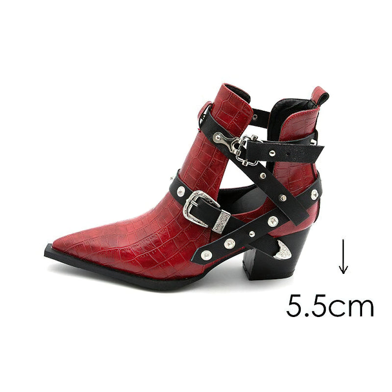 Ladies red chunky ankle boots with pointed toe, buckles, and rivets, featuring a 5.5cm heel.