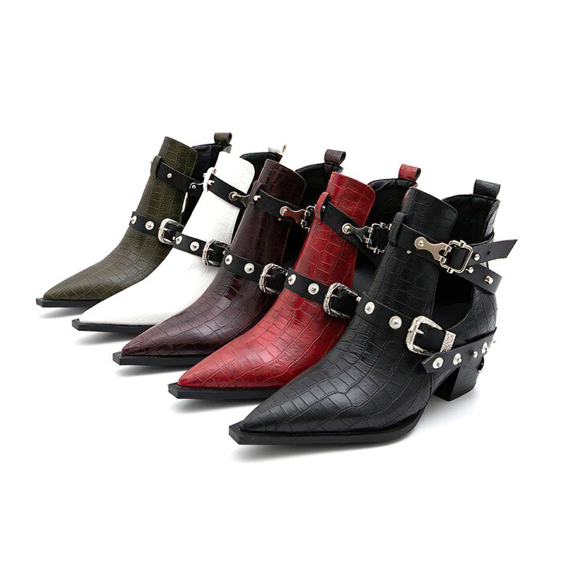 Stylish ladies chunky high-heel ankle boots in black, red, green, and burgundy with buckles and rivets for trendy outfits.
