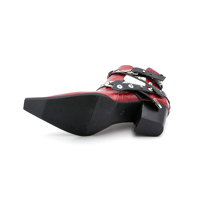 Red chunky high-heel ankle boot with pointed toe, buckles, and rivets, perfect for trendy cosplay outfits.