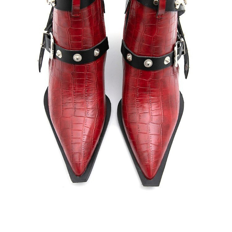 Ladies Chunky High-Heels Ankle Boots with Pointed Toe, Buckles, and Rivets - Trendy Red Croc Texture Footwear